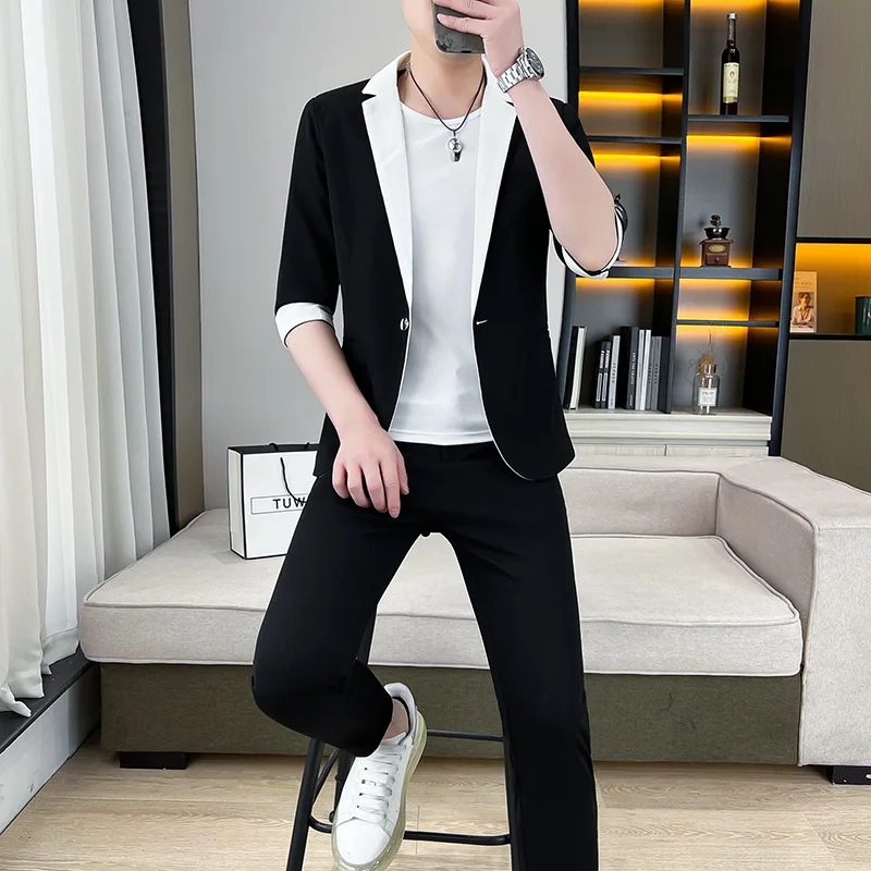 

2023 Men's Summer Half Sleeve Color Matching Suit Youth Slim Fit Casual 3/4 Sleeve Suit Two-Piece Suit