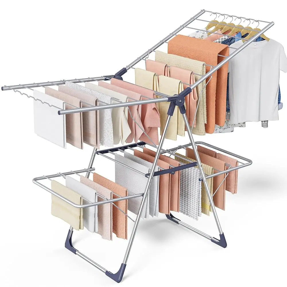 

Free ShippingClothes Drying Rack, Foldable 2-Level Laundry Drying Rack with Height-Adjustable Wings, for Clothing & Bedding, Fre