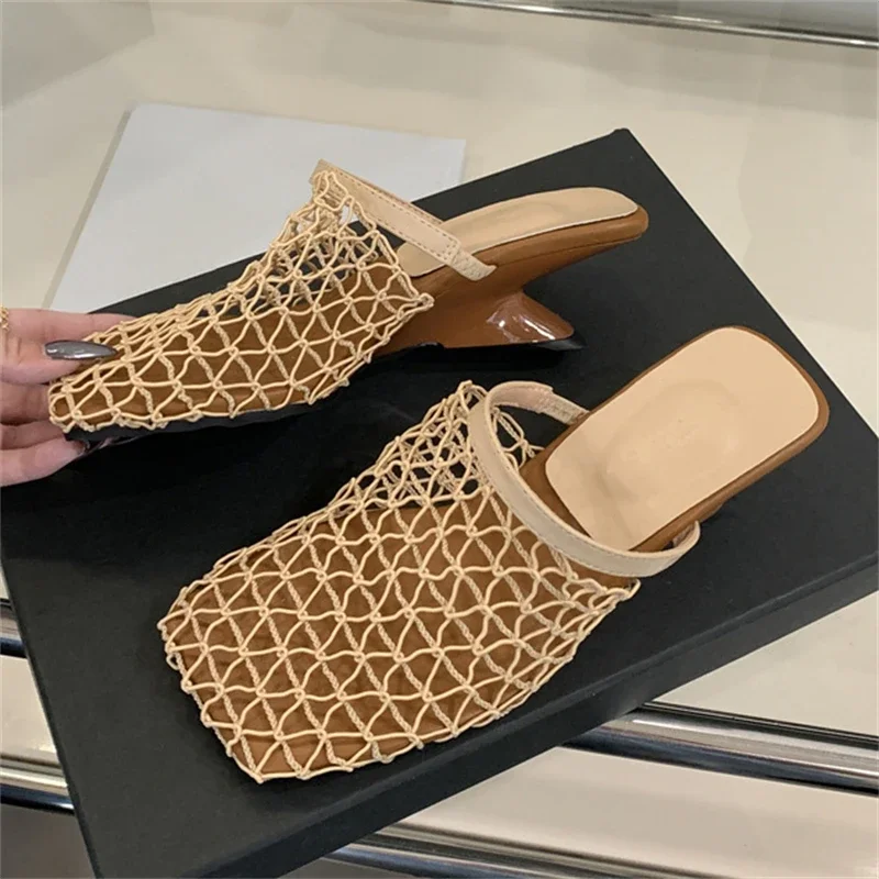 

Aneikeh Summer Fashion Mesh Square Toe Woman Pumps Street Style Slip on High Heels Mules Shoes Zapatos Mujer