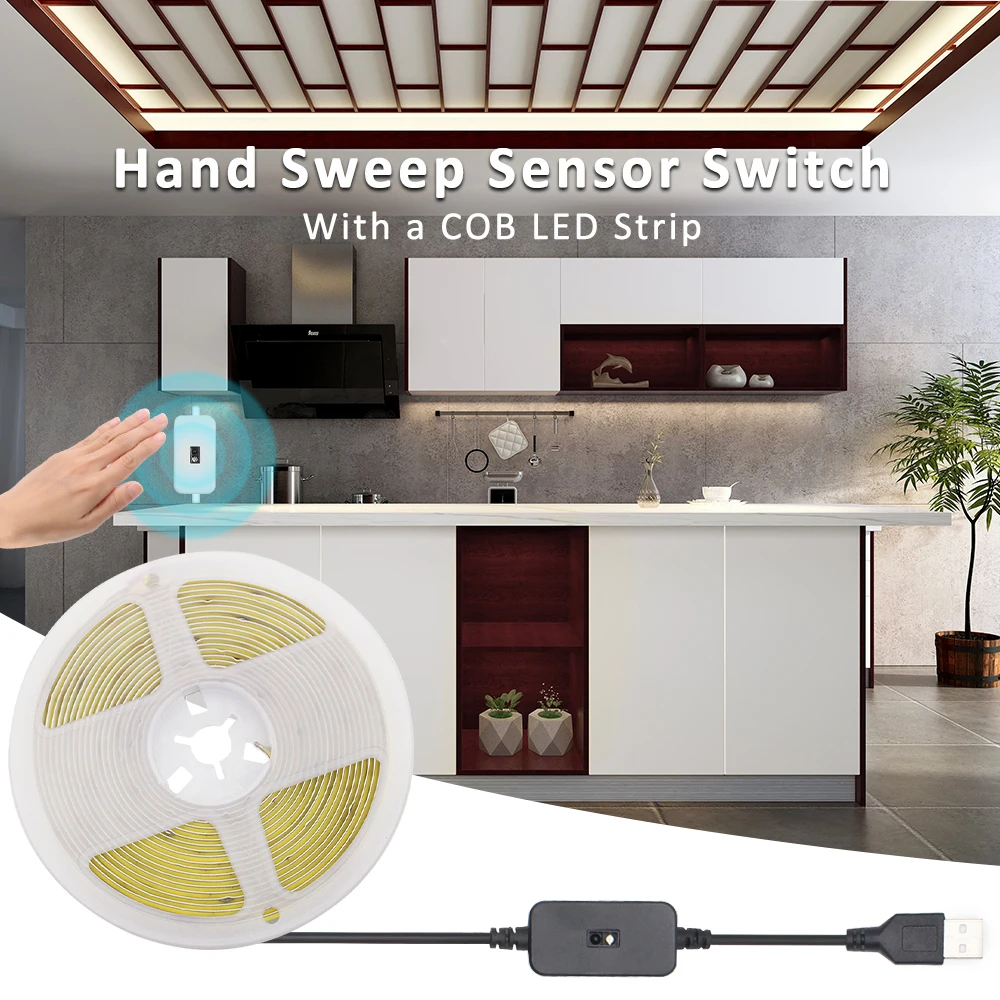 USB COB LED Strip Light 0.5M 1M 2M 3M Hand Sweep Waving ON OFF Motion Sensor Backlight TV Kitchen DC 5V Under Cabinet Lights