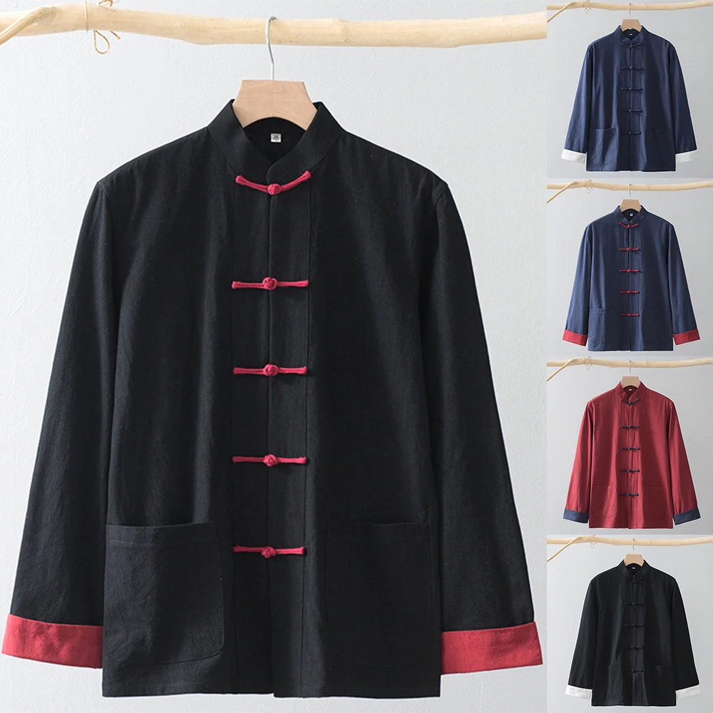 Retro Chinese Style Hanfu Jacket Mens Traditional Tang Suit Cotton And Linen Stand-Up Collar Contrast Color Long-Sleeved Jacket