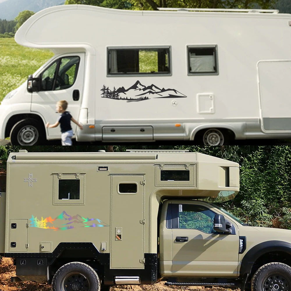 RV Camper Car Sticker PVC Vinyl Decal, Mountain Forest Tree Landscape Graphic Decal, Waterproof Side Body Decoration Sticker