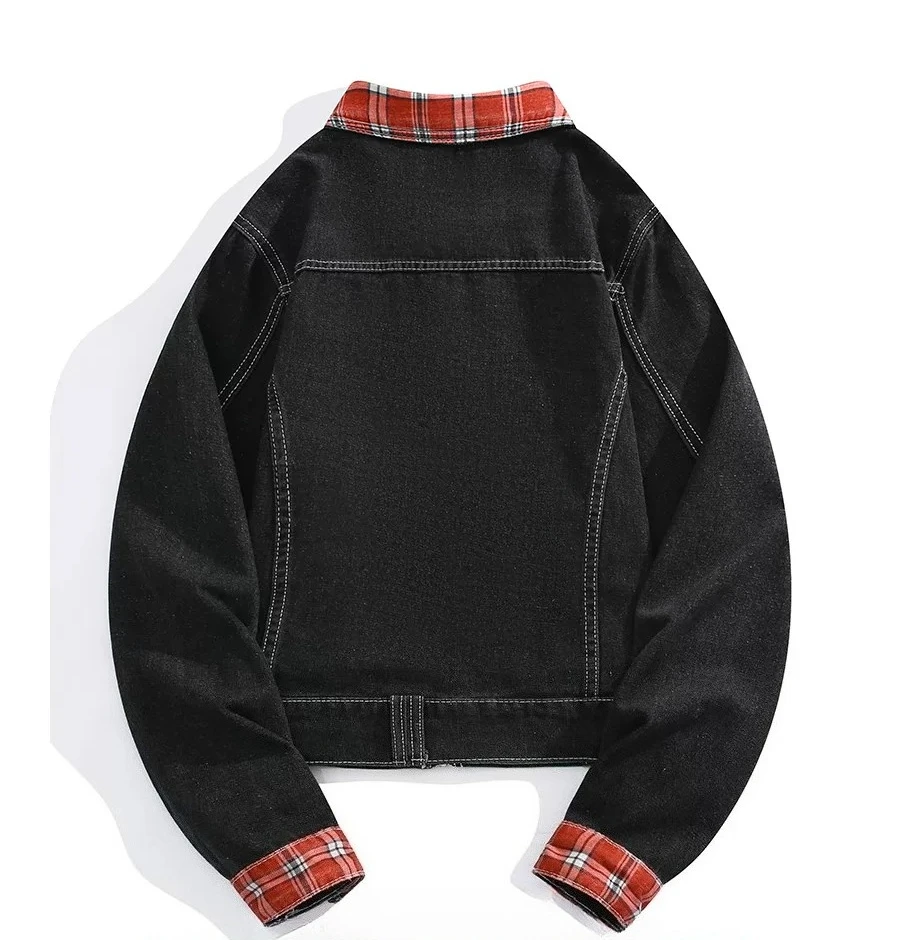 Men's Spring Autumn New American Retro Style Red Black Plaid Spliced Denim Jacket Casual Loose Streetwear Cargo Coat