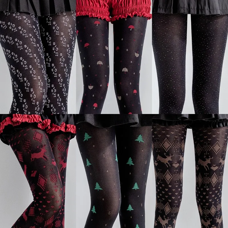 

Christmas Tree Reindeer Jacquard Tights Vintage Retro Pattern Pantyhose for Women Stockings with Bow Warm Leggings for Party