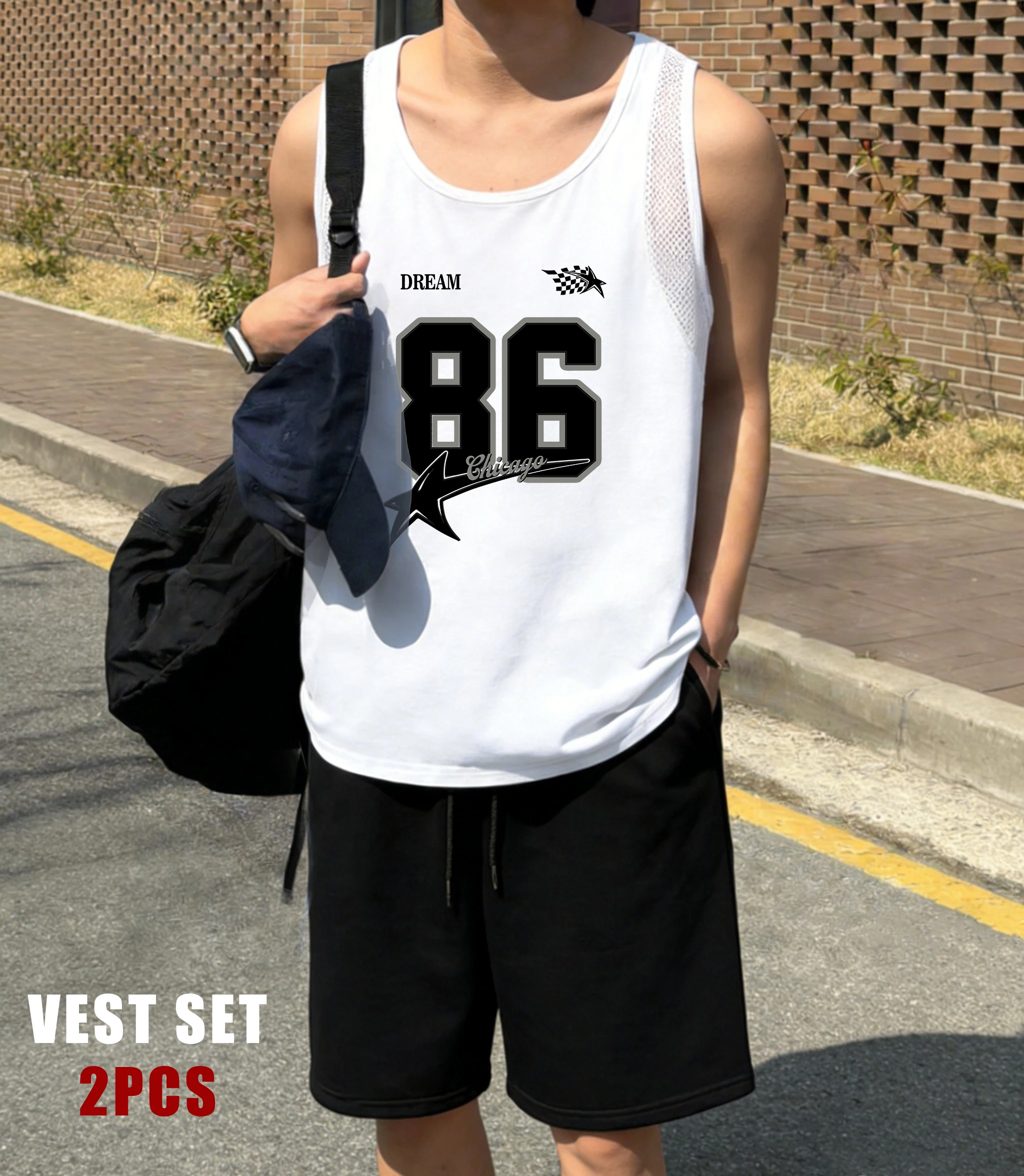 

Chicago Number 86 Star Print Men Reticular Vest Set Summer Drawstring Shorts Basics O-Neck Sportwear Unisex Trendy Sportsuit