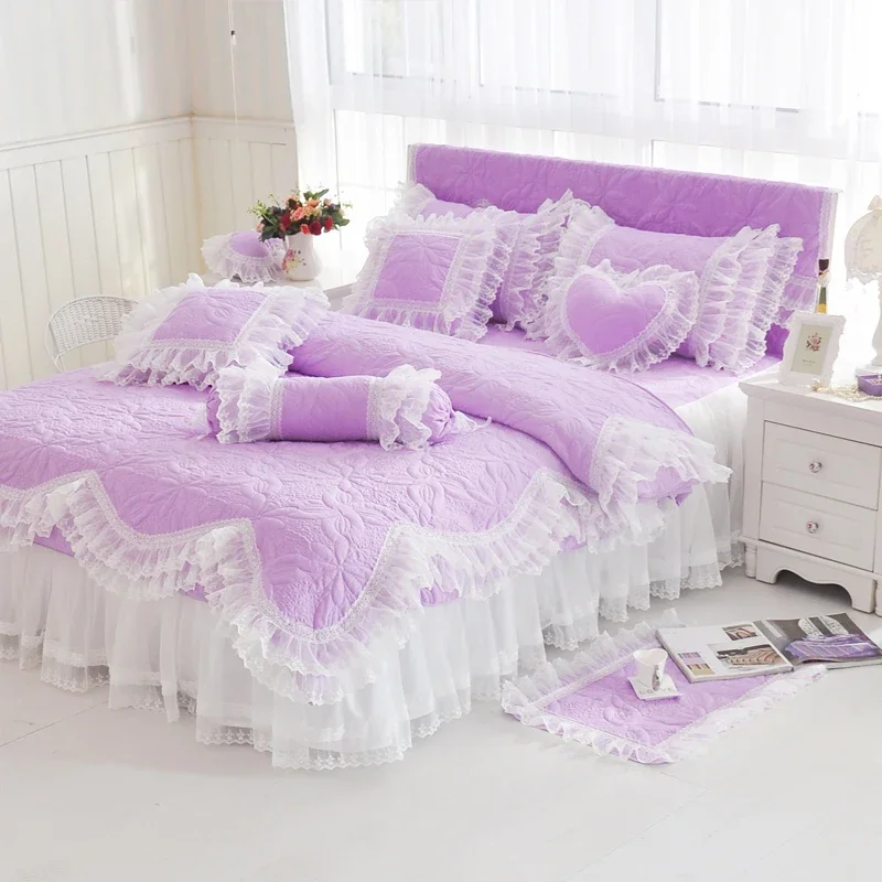 Quilted Cotton Thick Duvet Cover Lace Light Purple Blue Pink Princess Bedding set Bedskirt set Pillow shams Twin Queen King siz