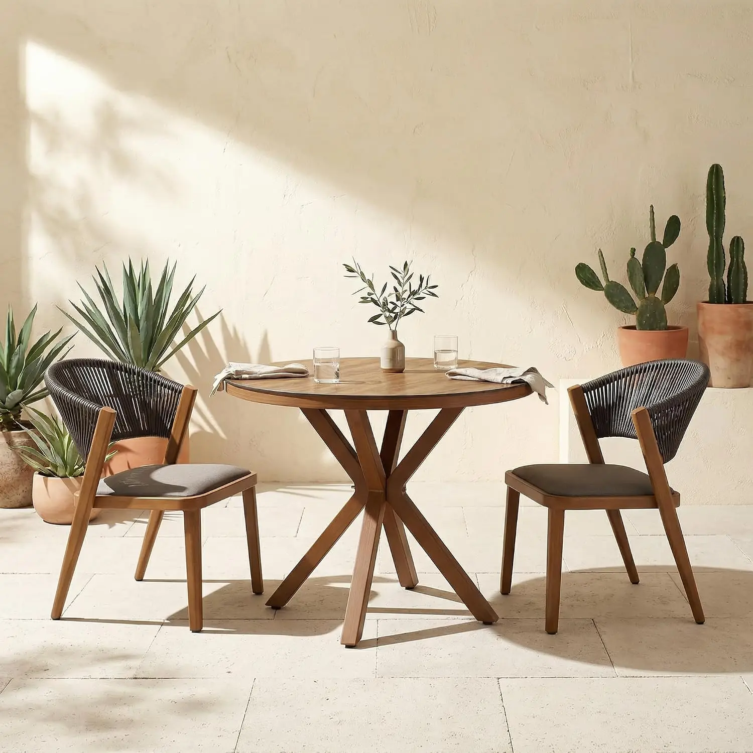 Round Outdoor Dining Set 2-Seat with Built-in Cushions Deep Teak, Customized