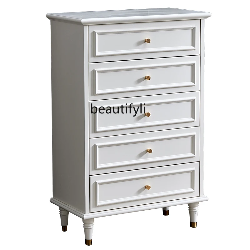 

American-Style Solid Wood Bedroom Storage Cabinet French Storage Chest of Drawer Living Room Light Luxury White Cream Style