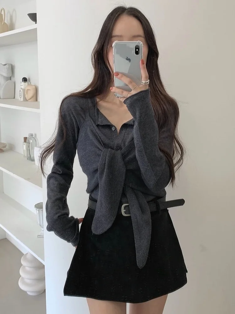 

Women's Knitted Long Sve Vest Top Knot Outerwear Slim Fit Faionable Two-Piece Set High Waist Casual Wear