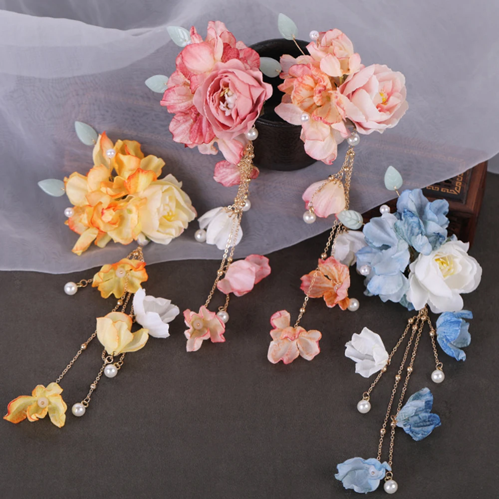 Simulation Flower Hair Decor Side Clips with Beads Chinese Japanese Headdress Metal Hairgrip Hair Accessories Gradient Color d88