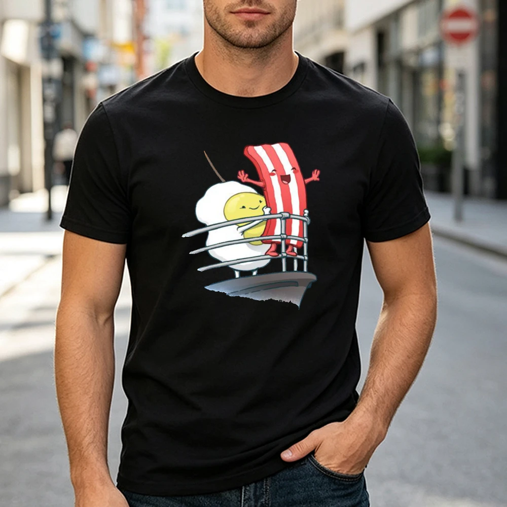 Cute Bacon Egg Cruise Ship Men T Shirt Funny Breakfast Food Graphic Tee Food Lovers Short Sleeve Streetwear Casual Top