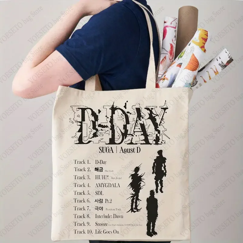 

Agust D Print Tote Bag Album Shopping Bags World Tour Tote Bag Casual Canvas Shoulder Bag Luggage Bags for Fans