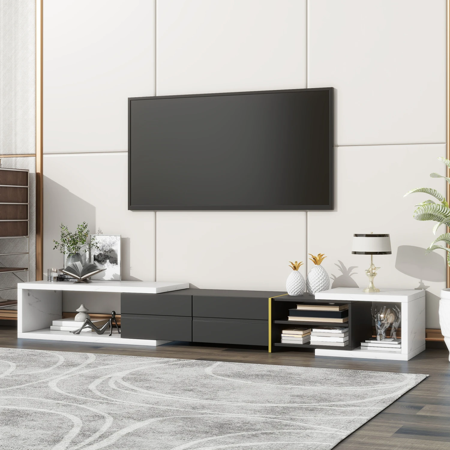 

Modern Extendable TV Stand for TVs up to 90 Inches, Entertainment Center Media Console with Drawers and Shelves for Living room,