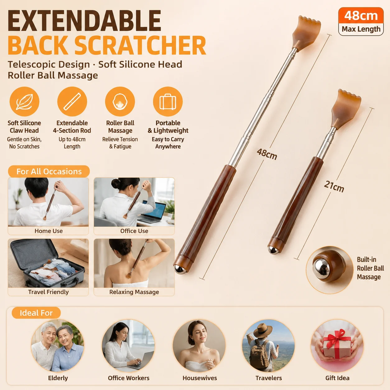 Telescopic Back Scratcher with Soft Silicone Claw Head Roller Ball Massage Tool for Elderly Office Home Travel