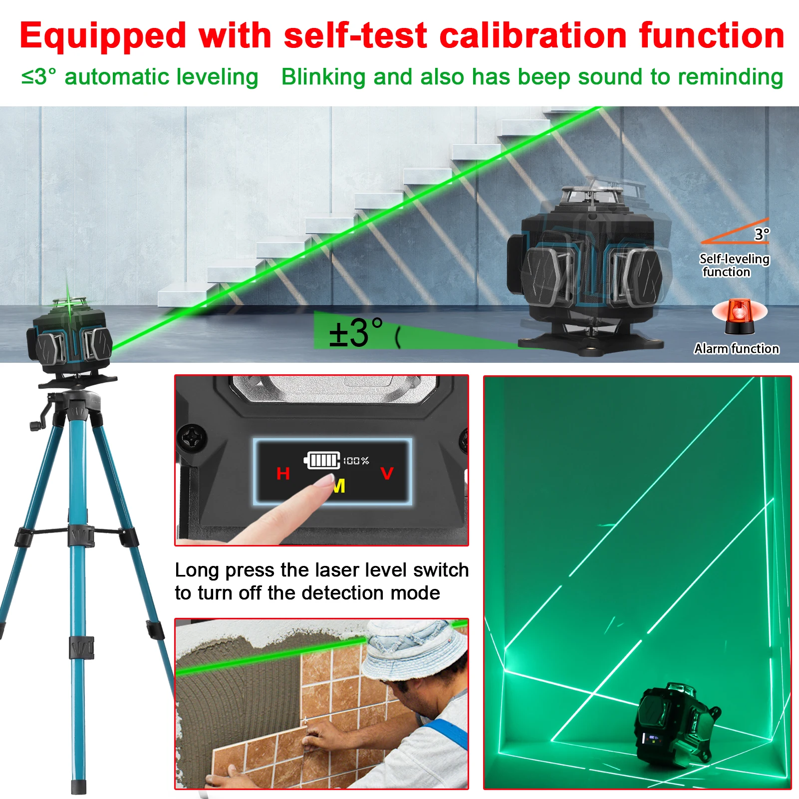 

16-Line Green Beam Laser Level Self-Leveling ±3° - 4D 360° IP54 Waterproof with 1.2m Tripod & Rechargeable Battery