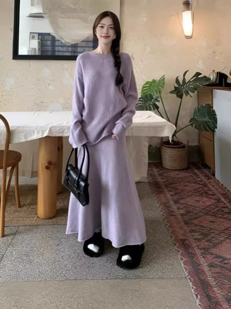 2024 Autumn winter New Fashion Purple knitted jumper long skirt Sweaters Top dress Two piece sets Women\'s Clothing Matching Sets