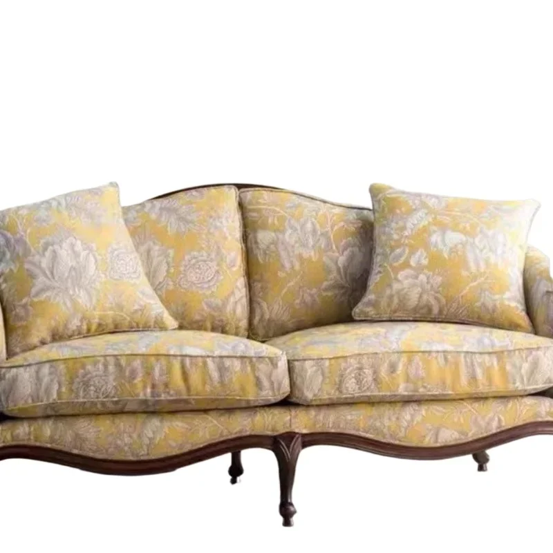 

American French solid wood carving flower retro old fabric double three sofa studio chair can be customized furniture