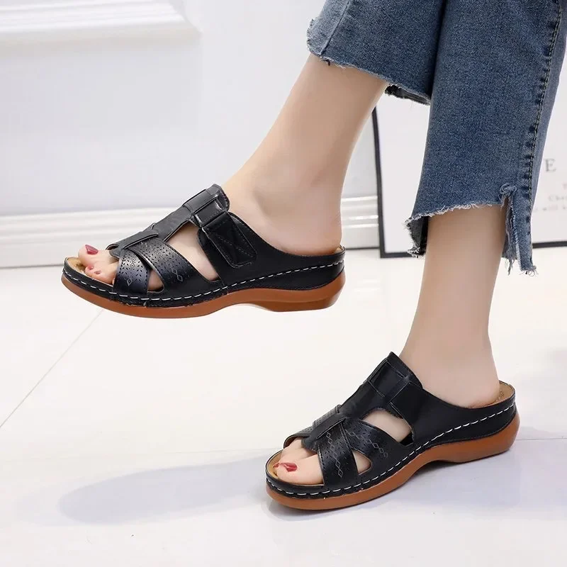 2024 Women Wedge Sandals Premium Orthopedic Open Toe Sandals Vintage Anti-Slip Leather Casual Female Platform Retro Shoes 35- 43