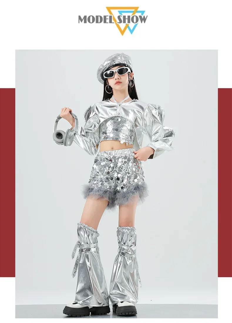Mädchen Silbernes Pailletten-Jazz-Hip-Hop-Tanzkostüm Streetdance-Bühnenoutfit Glitzerndes Pailletten-Tanzoutfit-Set – Detail 3