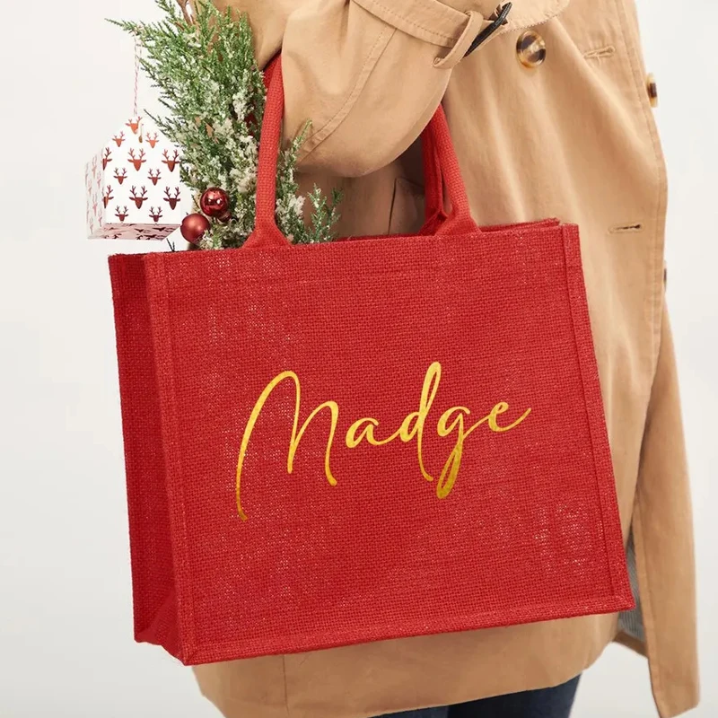 Personalized Christmas Gift Bags Custom Bridesmaid Wedding Red Large Burlap Christmas Eve Holiday Party Gift Tote Bags Sacks