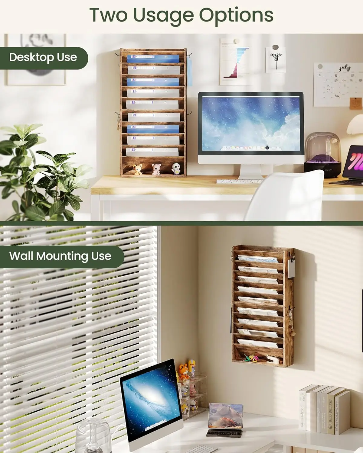 10-Tier Wall Mount File Organizer with Removable Shelves and Side Hooks, Rustic Brown Wooden Office Storage