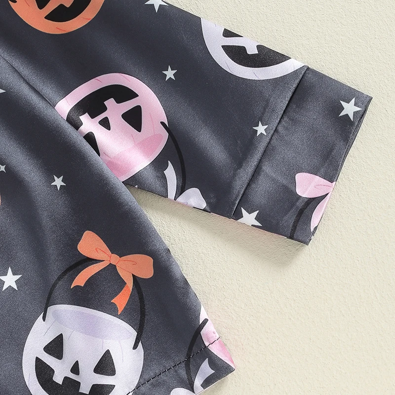 2024-06-13 Lioraitiin 1-7Y Kids Girls Halloween Pajama Sets Long Sleeve Lapel Pumpkin/Bow Print Shirt Pants Sleepwear