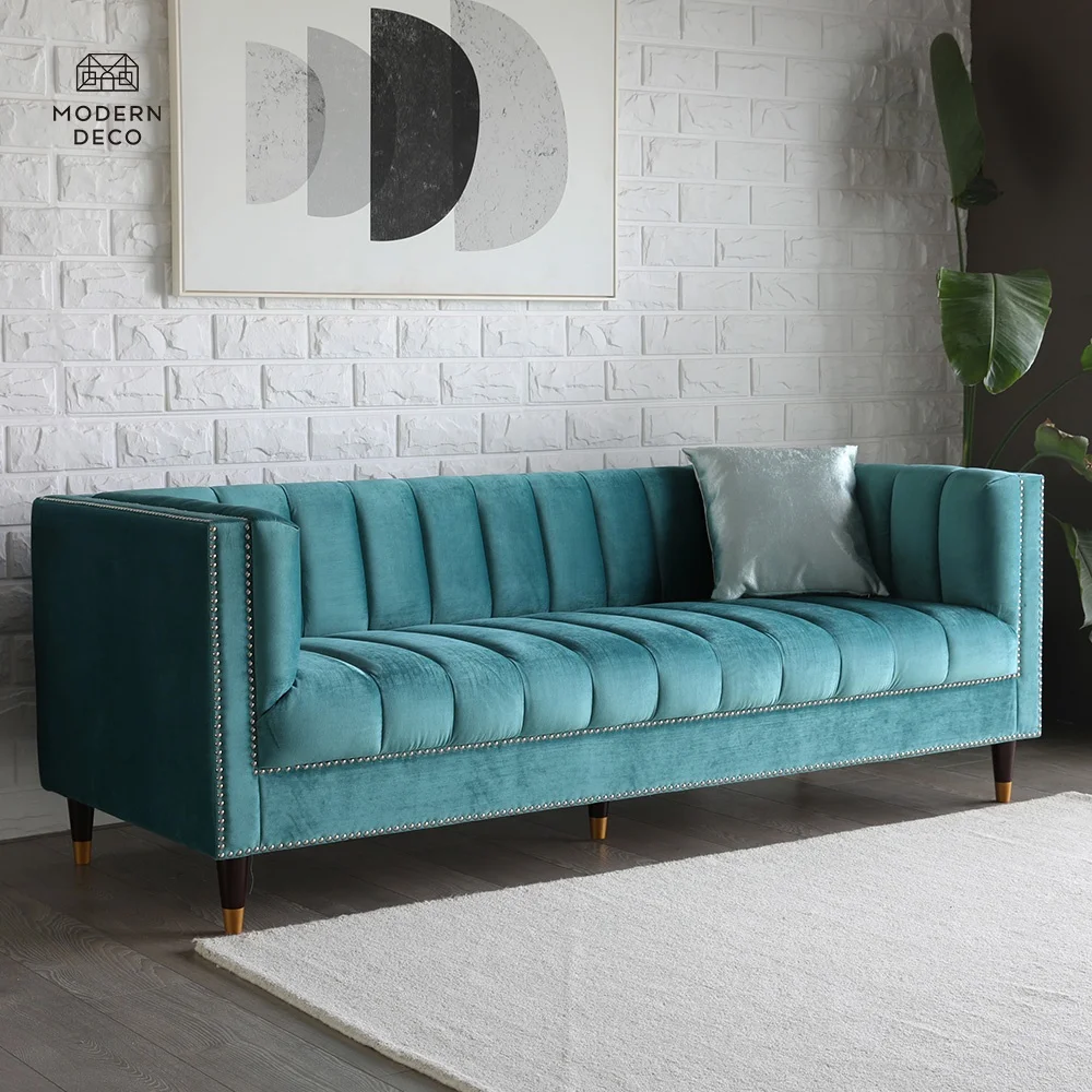 Soffan Samt Sammet أريكة قطيفة أريكة أريكة أريكة Divan 3 مقاعد يجلس التصميم الحديث أثاث غرفة المعيشة الأخضر معنقدة بالقناة