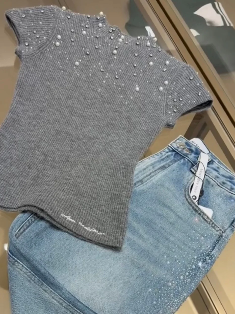 Slim Fit Beaded Knit Top Gray Spring Pullover