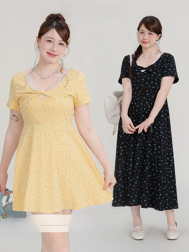 

Новая летняя повседневная юбка А-силуэта из смесового хлопка с цветочным принтом и V-образным вырезом для полных женщин