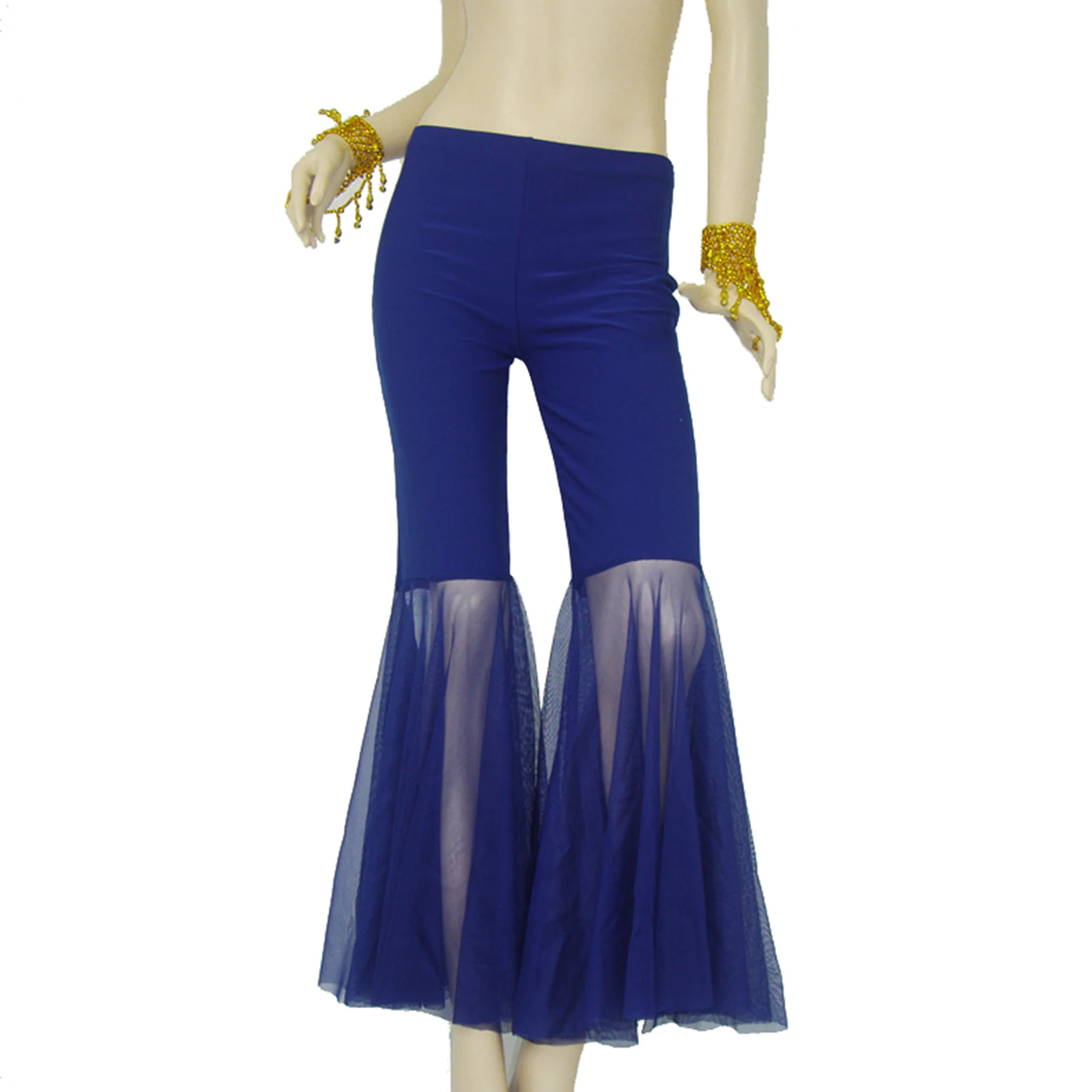 Womens Belly Dance Practice Stage Performance Costume Sheer Tulle Bell-Bottomed Pants Low Rise Flared Trousers