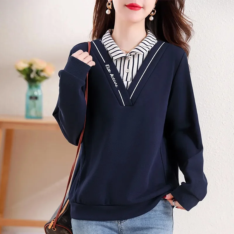 Y2K Spring Autumn Fake Two Pieces Shirt 2024 New Loose POLO Collar Women's Clothes Blouse Fashion Stripe Female Pullover Top