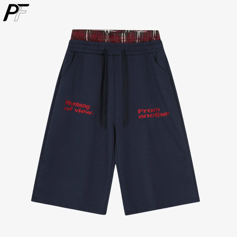 

Men's Plaid Waist Drawstring Sweat Shorts Casual Capris with Red Letter Print Elastic Waistband Lounge Athletic Pants for Summer