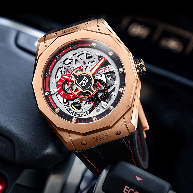 BONEST GATTI BG7601 King's Speed Series Men Automatic Mechanical Watch Multi Color Options Leather Rubber Strap Men Wrist Watch