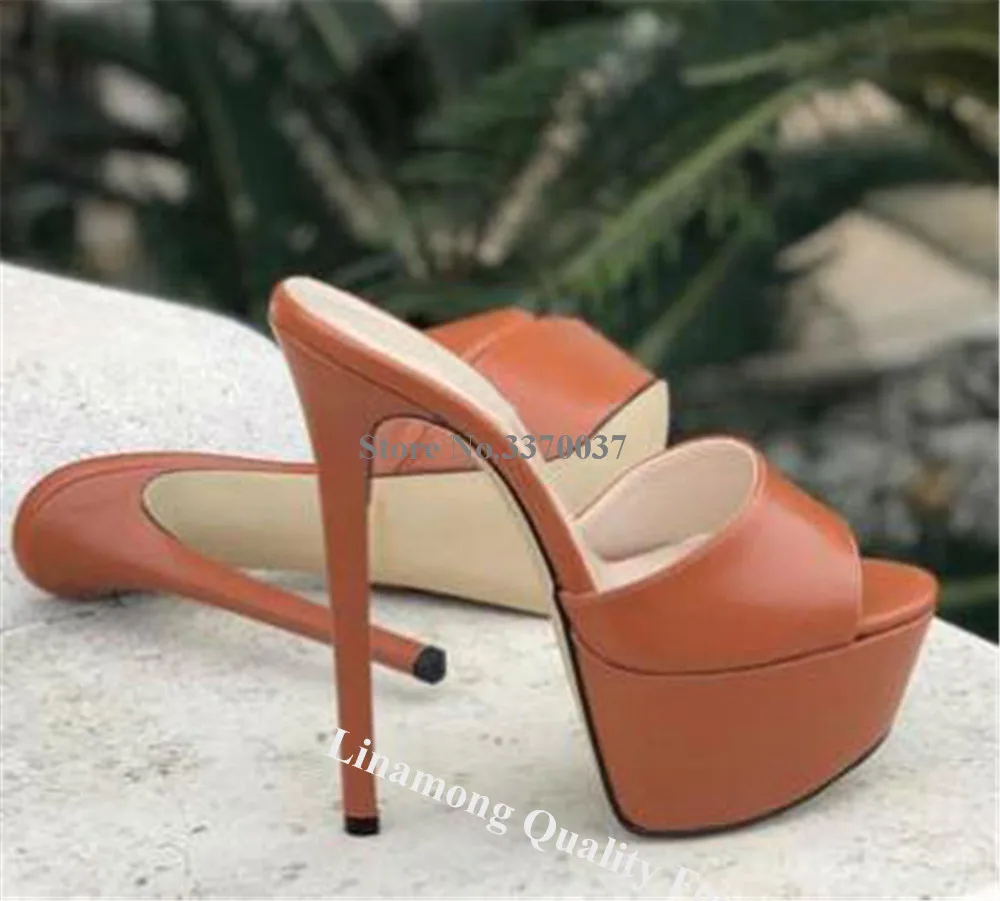 Linamong New Patchwork Stiletto Heel Slippers Peep Toe Red White Pink High Platform Thin Heel Party Heels Big Size Sandals - view 5
