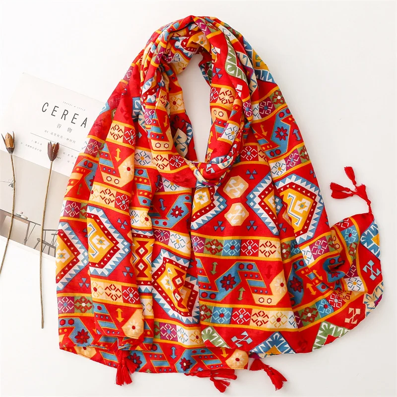 African Indian Ethnic Geometric Floral Tassel Viscose Shawl Scarf High Quality Wrap Headband Bufanda Muslim Hijab Sjaal 180*90Cm