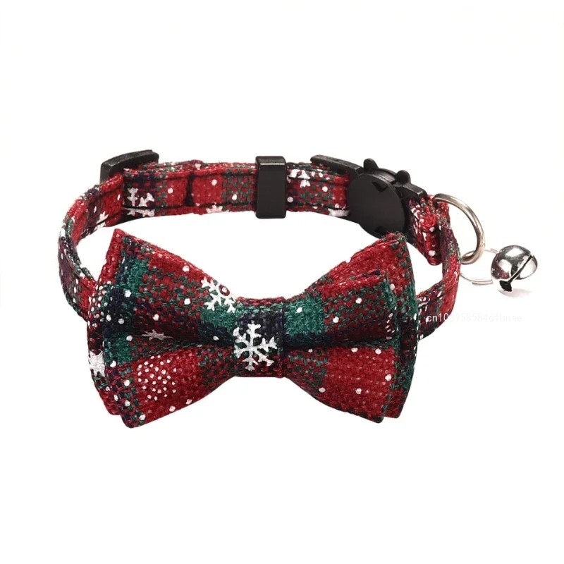 Bowknot Breakaway Cat Collar with Bell Plaid Christmas Necklace Elastic Adjustable Small Dog Puppy Collar Pet Accessoires