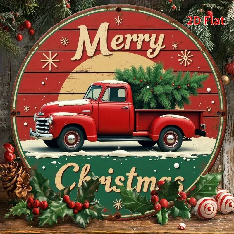 لافتة معدنية مسطحة ثنائية الأبعاد، قطعة واحدة من ديكور جدار العطلة الدائري - شاحنة حمراء بتصميم شجرة عيد الميلاد، نص "عيد ميلاد سعيد"، ندفة الثلج الاحتفالية