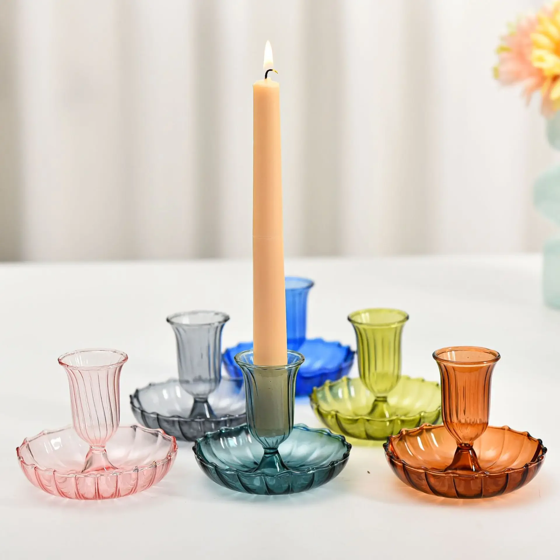 Multi-Color Glass-Style Candle Holder Creativity Romantic Desktop Candlestick Ornament for Home Living Room Room Decoration Gift