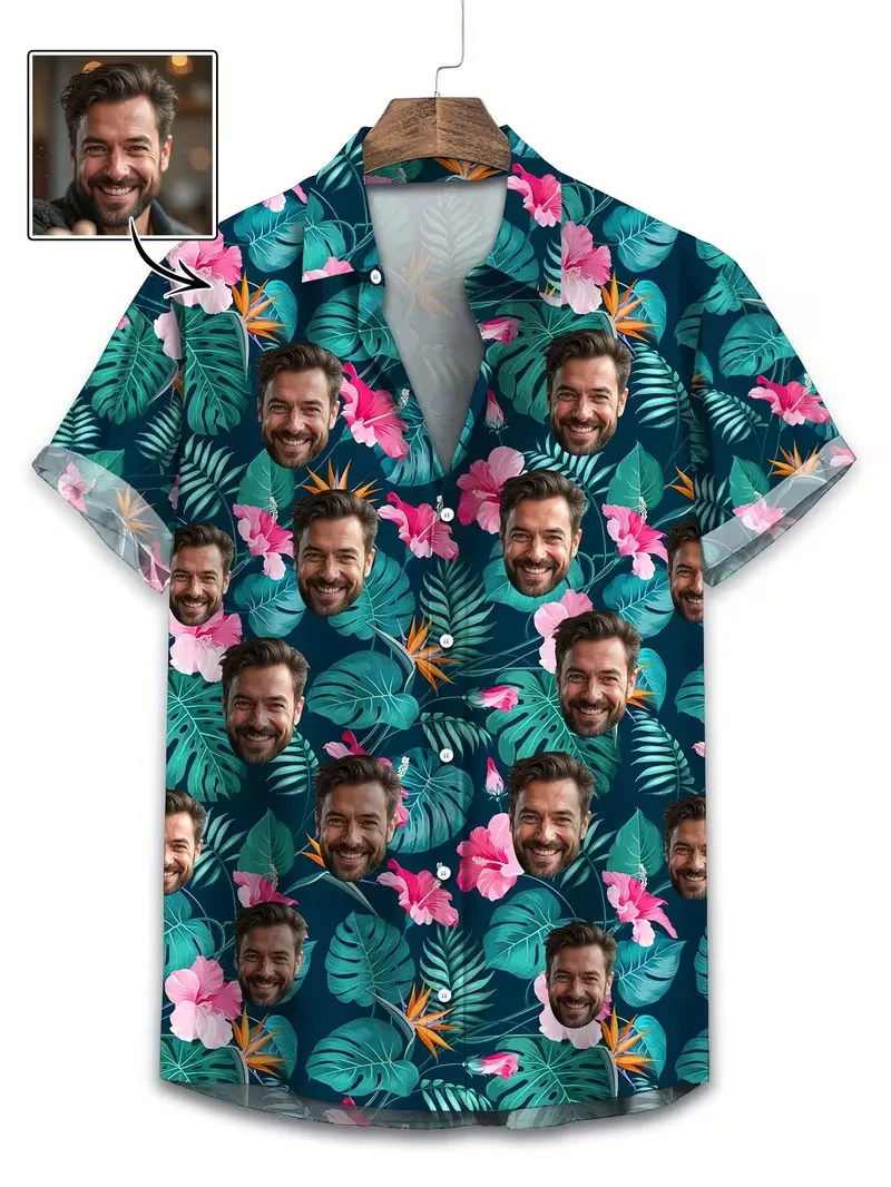 Customize Large Size Men's Hawaiian Shirts Print Your Face Or Photos Funny Beach Shirt Short Sleeve Button Up Vacation Shirt