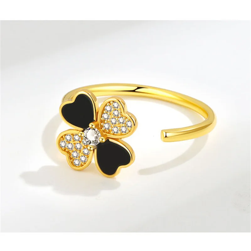 Sweet Clover Flower Ring For Girls Finger Accessories Top Grade Sterling Silver 925 Ring Women Jewelry Turnable Open Size Bijou