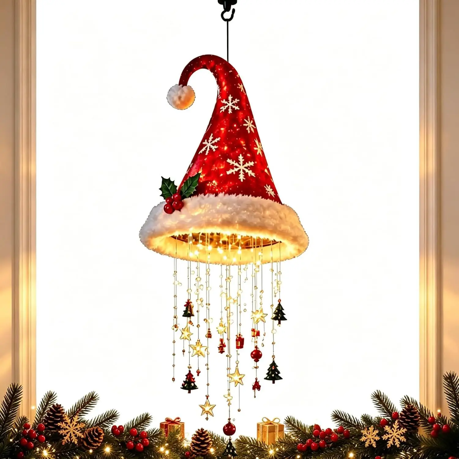 Beleuchtete Weihnachtsmann-Mütze, hängender Kronleuchter, Weihnachtsdekoration, LED-Weihnachtsanhänger, festliche Feiertagslampe, Innen- und Außendekoration. – Detail 7
