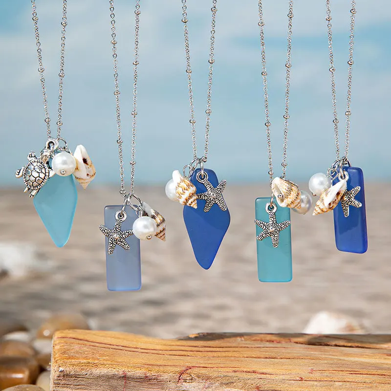 Ins Blue Frosted Sea Glass Necklace Ocean Turtle Starfish Conch Charm Necklace Boho Vacation Jewelry for Women Dainty Gifts