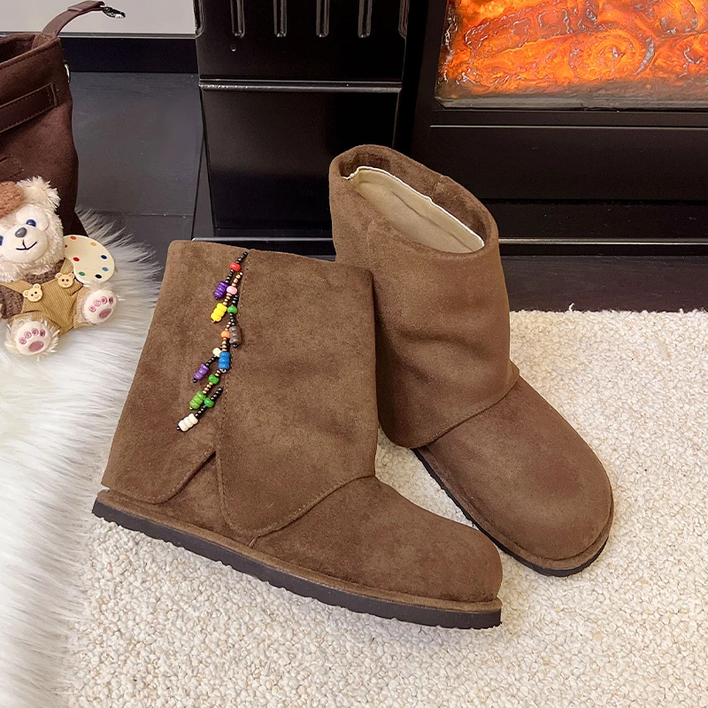 مطرز النساء حذاء من الجلد الشقق أحذية امرأة غير رسمية 2025 موضة أحذية الثلوج قصيرة الشتاء المشي الجلد المدبوغ أحذية تشيلسي بوتاس موهير #2