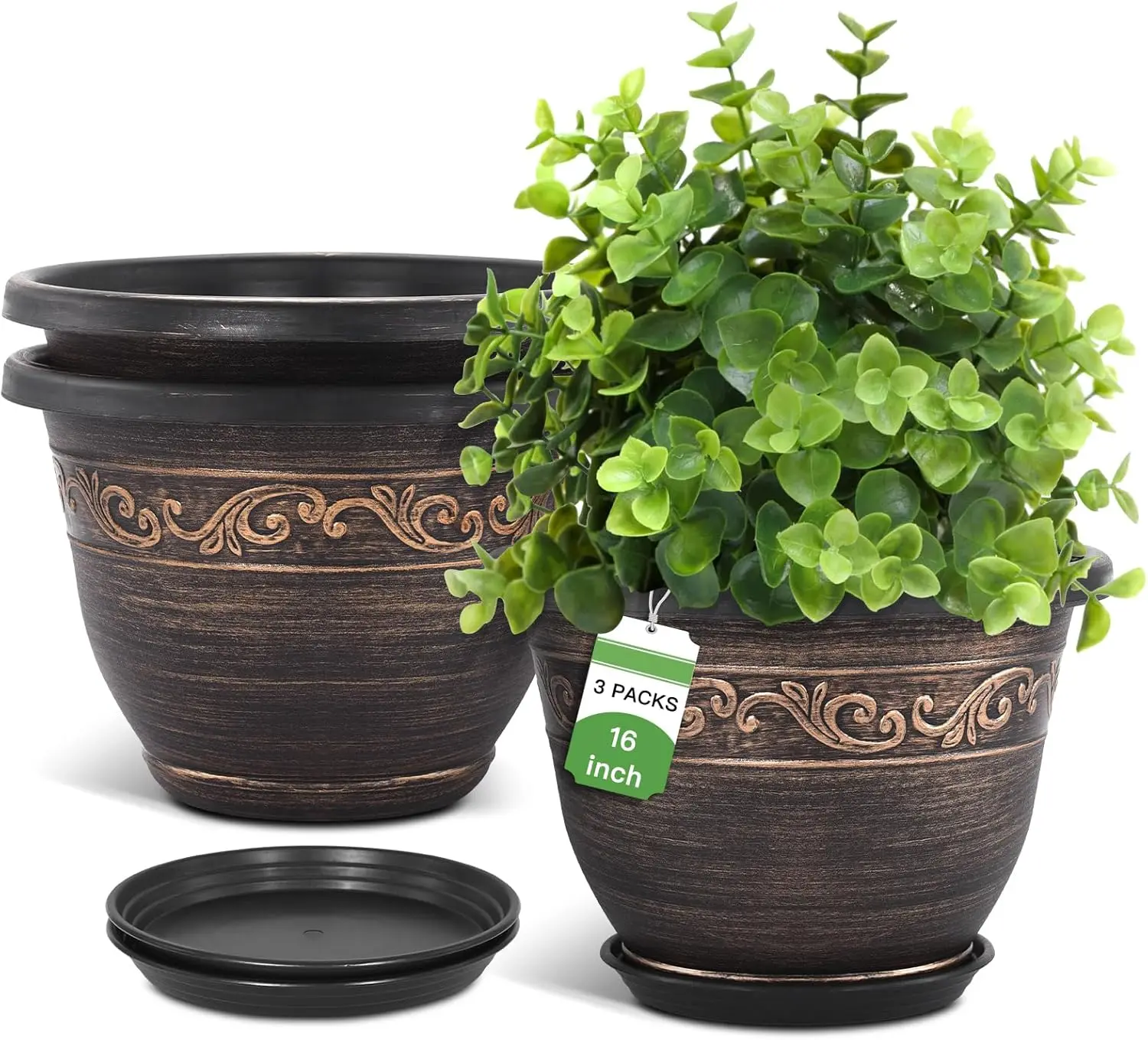 

16 Inch Plastic Planters with Drainage Holes and Saucer, 3-Pack Lightweight Resin Pots for Indoor Outdoor Garden Decor