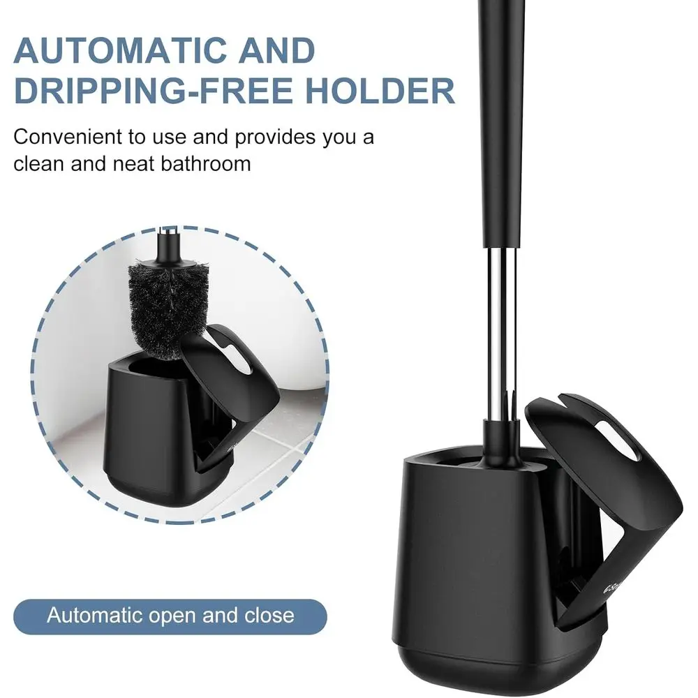 Closing Lid Toilet Bowl Brushes Holder and Extra Long Handle Ventilated Toilet Brush Set, Nylon Bristles, Black view 4