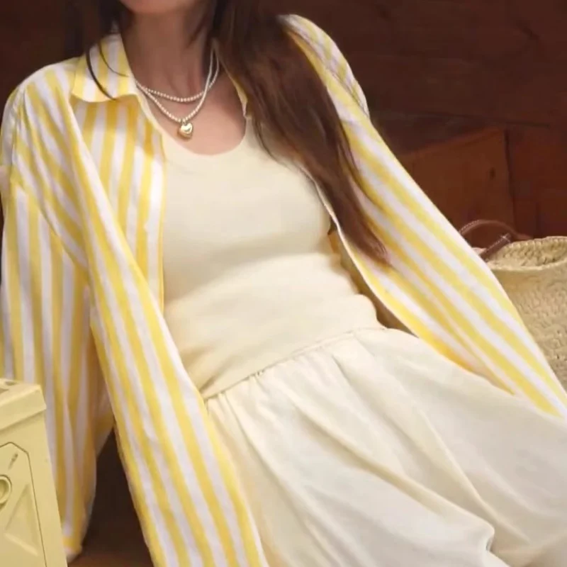 Spring Autumn Women Blouse Lapel Yellow and White Vertical Stripes Loose Fashion Casual Long-sleeved Shirt