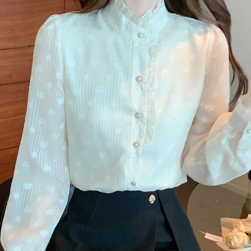 Autumn Winter New Solid Color Stand Collar Long Sleeve Shirt Women High Street Button Cardigan Vintage Elegant Thick Chic Tops