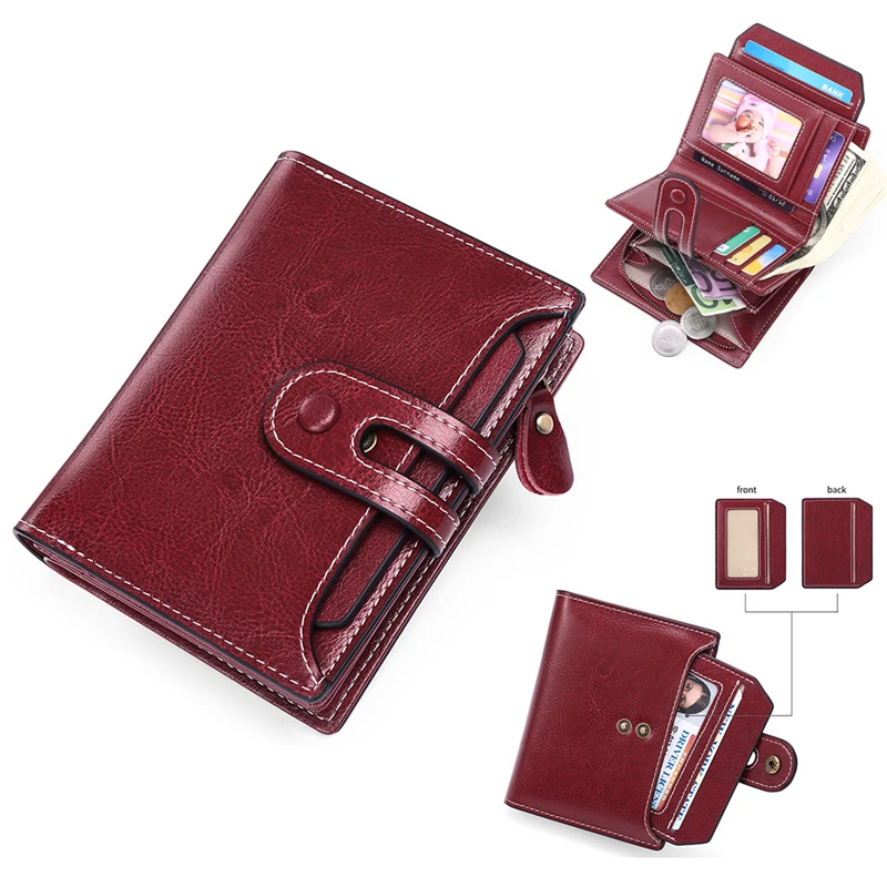 RFID Anti-Theft Retro Wallet Women's Short Oil Wax Leather Coin Purse Zipper Buckle Multi-Card Holder Money Clip Short Wallets