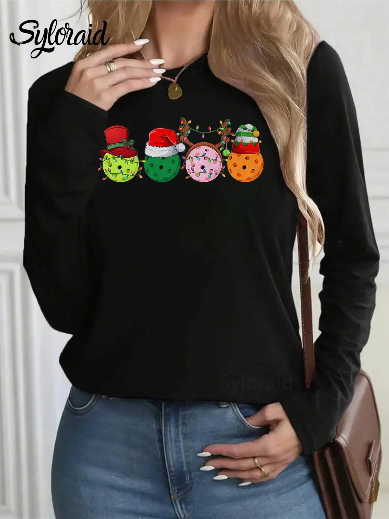 تي شيرت نسائي بأكمام طويلة تي شيرت Pickleball Christmas Graphic تي شيرت عصري برقبة دائرية كاجوال #2