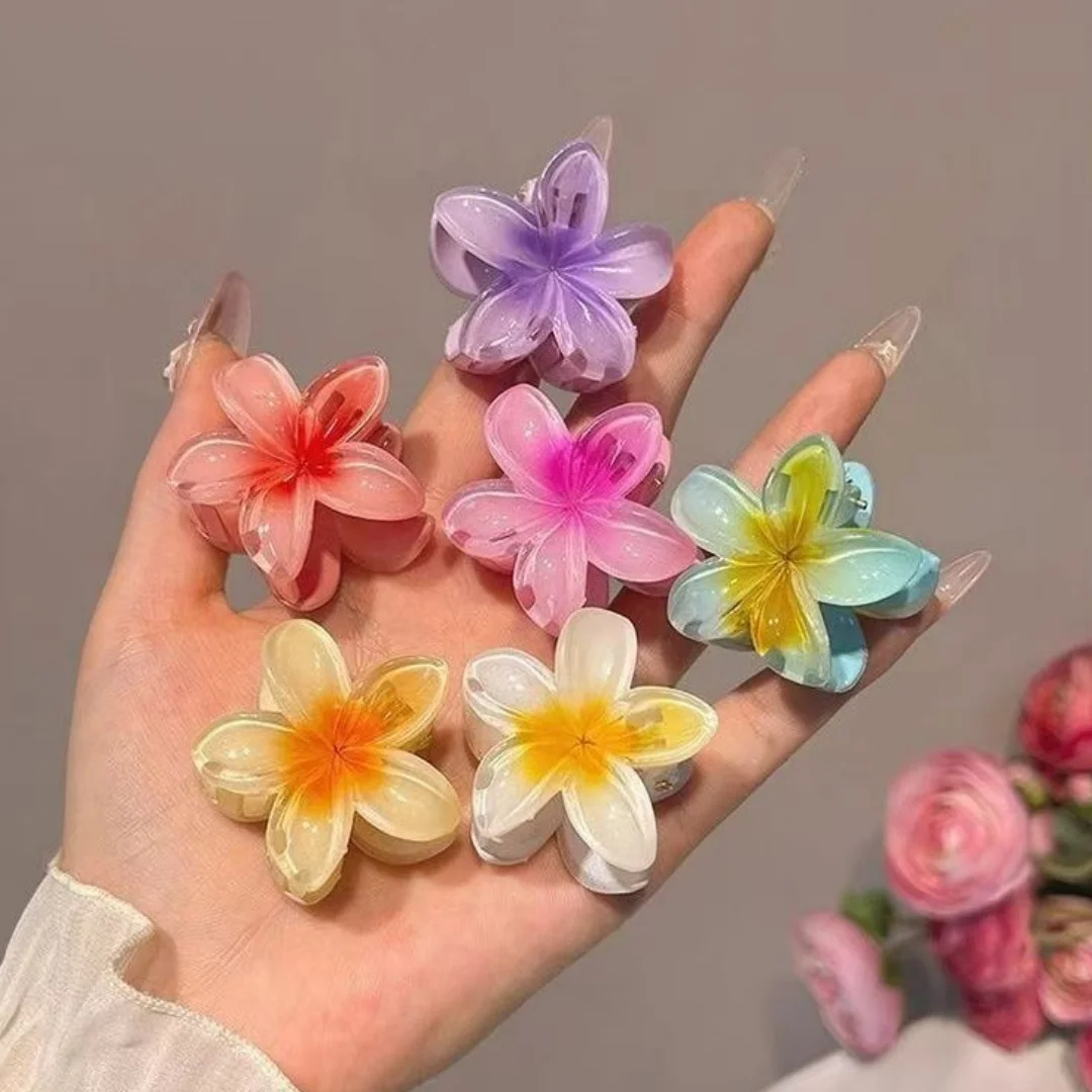 FANYIN 2Pcs 4cm Sweet Gradient Flower Hair Claw Hairpin Women Plumeria Barrettes Ponytail Holder Hawaiian Beach Hair Accessories